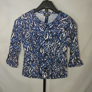 Elementz M Blue Abstract Print Button Front Blouse Roll Tab Sleeve Cotton